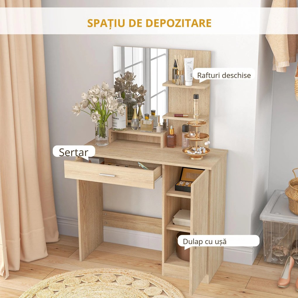 HOMCOM Masă de Machiaj cu Dulap, Sertar, Rafturi și Oglindă, lemn natural | Aosom Romania