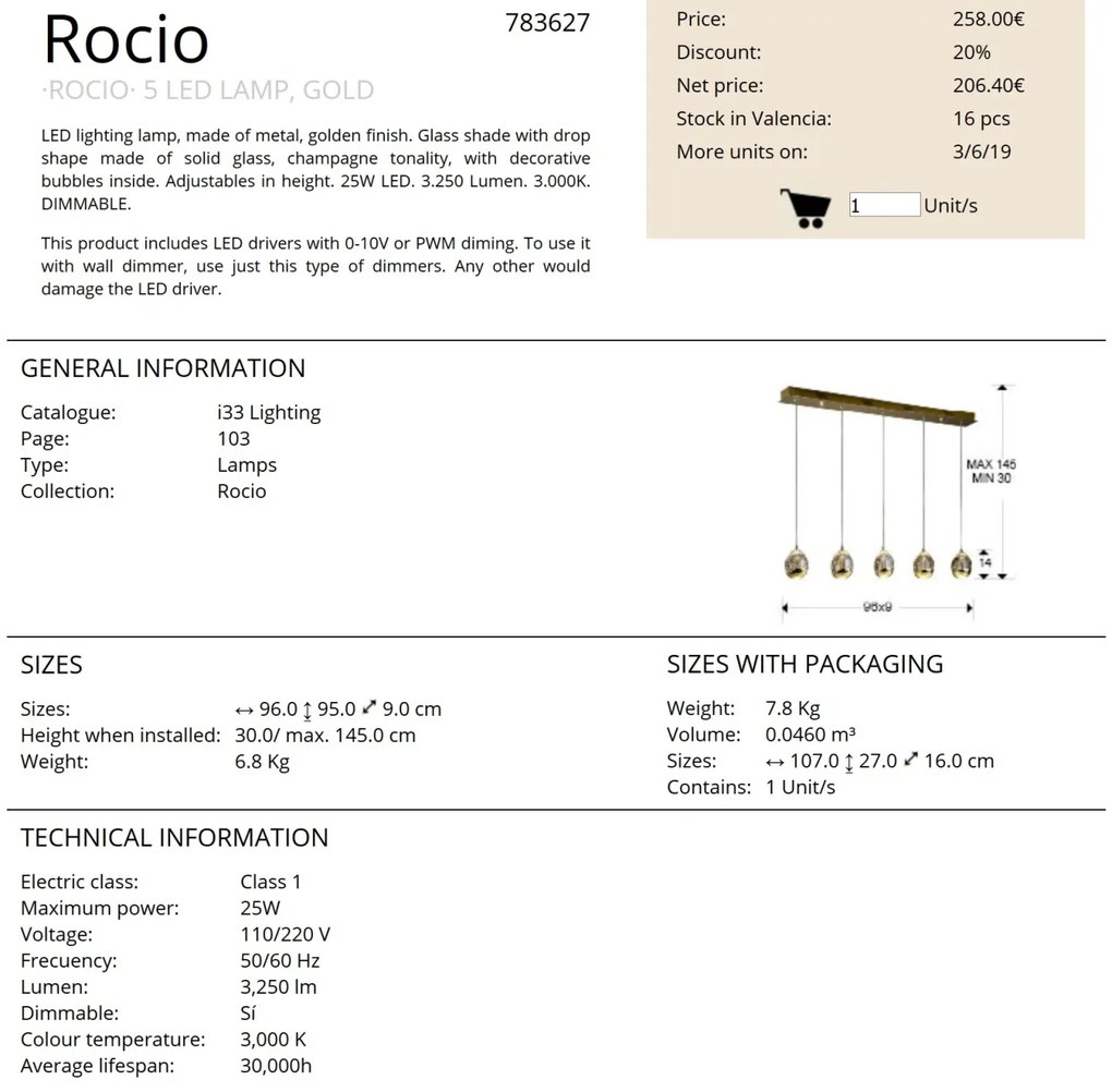 LUSTRA CU 5 PENDULE LED, ROCIO auriu 783627