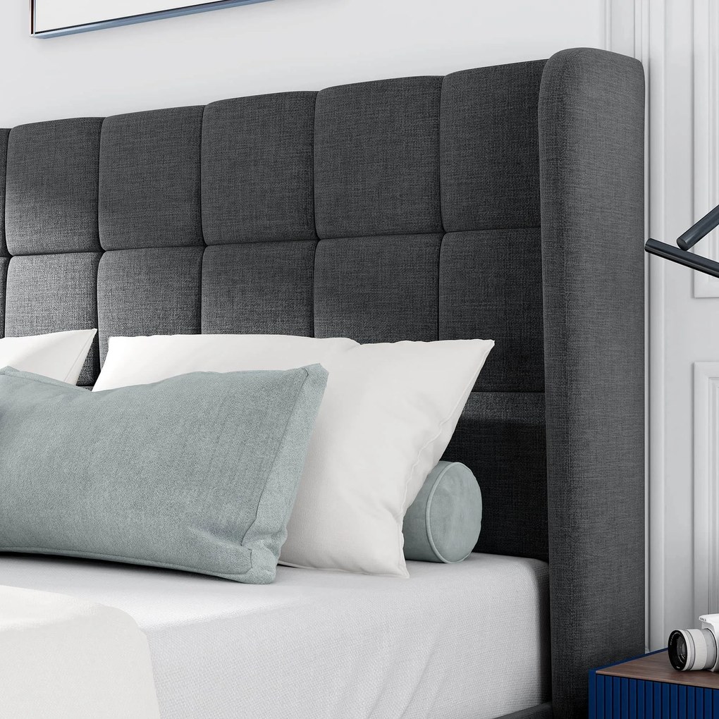 Pat dublu cu tăblie tapițată și somieră cu lamele, design elegant din in, fără saltea, 140x200 cm, Gri