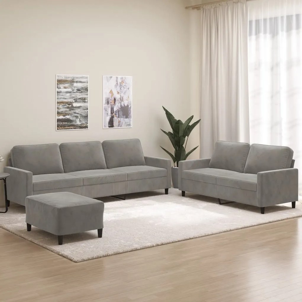 3153861 vidaXL Set de canapele cu perne, 3 piese, gri deschis, catifea