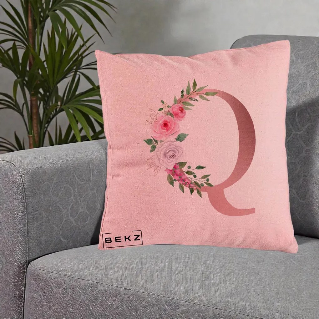 Cadou Personalizat - Perna Personalizata Monograma Rose Gold Litera Q, 40x40 cm, Roz, Husa Detasabila, Perna Inclusa, BEKZ®