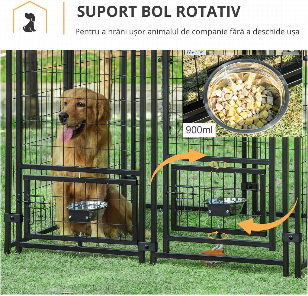 PawHut Cusca Exterior Caini cu Lacăt 2 Boluri Pivotante Acoperiș Detașabil Negru și Roșu Rezistent la Intemperii | Aosom Romania
