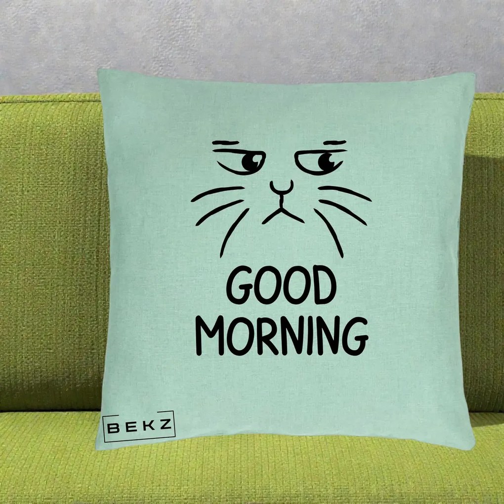 Perna Decorativa Pisica Morocanoasa Good Morning, 40x40 cm, Verde Menta, Husa Detasabila, Perna Inclusa, BEKZ®