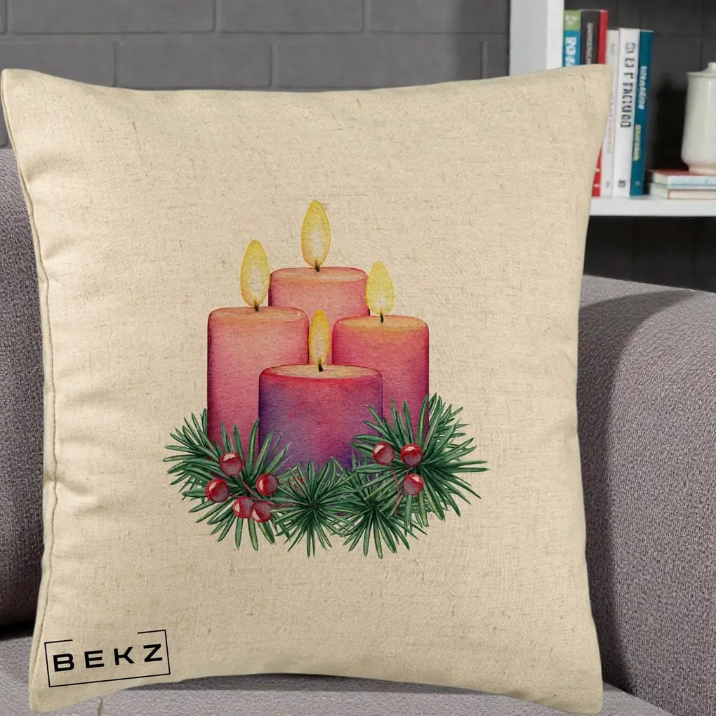 Perna Decorativa Lumanari Advent Roz-Violet, 40x40 cm, Bej, Husa Detasabila, Perna Inclusa, BEKZ®