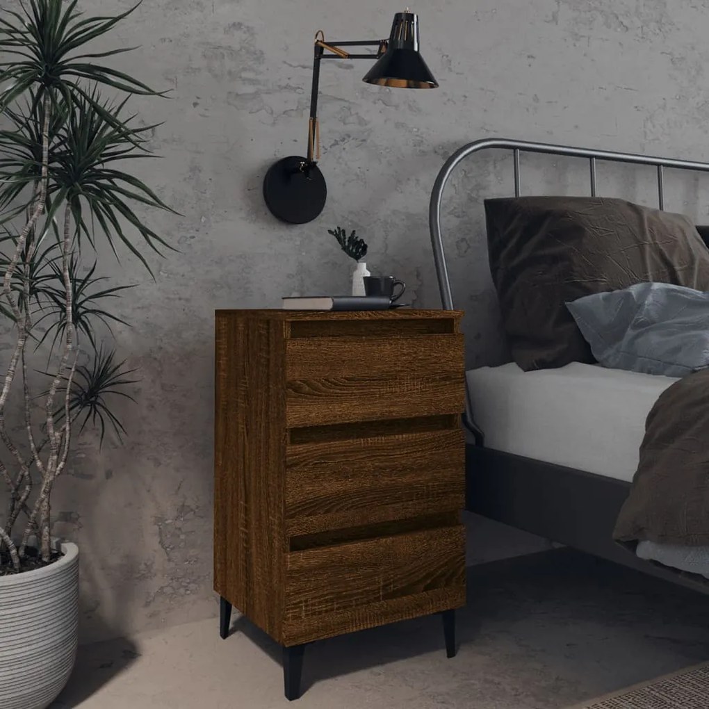 813145 vidaXL Noptiere cu picioare metalice 2 buc. stejar maro 40x35x69 cm