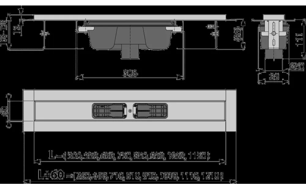 Rigola de dus 115 cm, cu margine pentru gratar perforat, otel inoxidabil 1150 mm