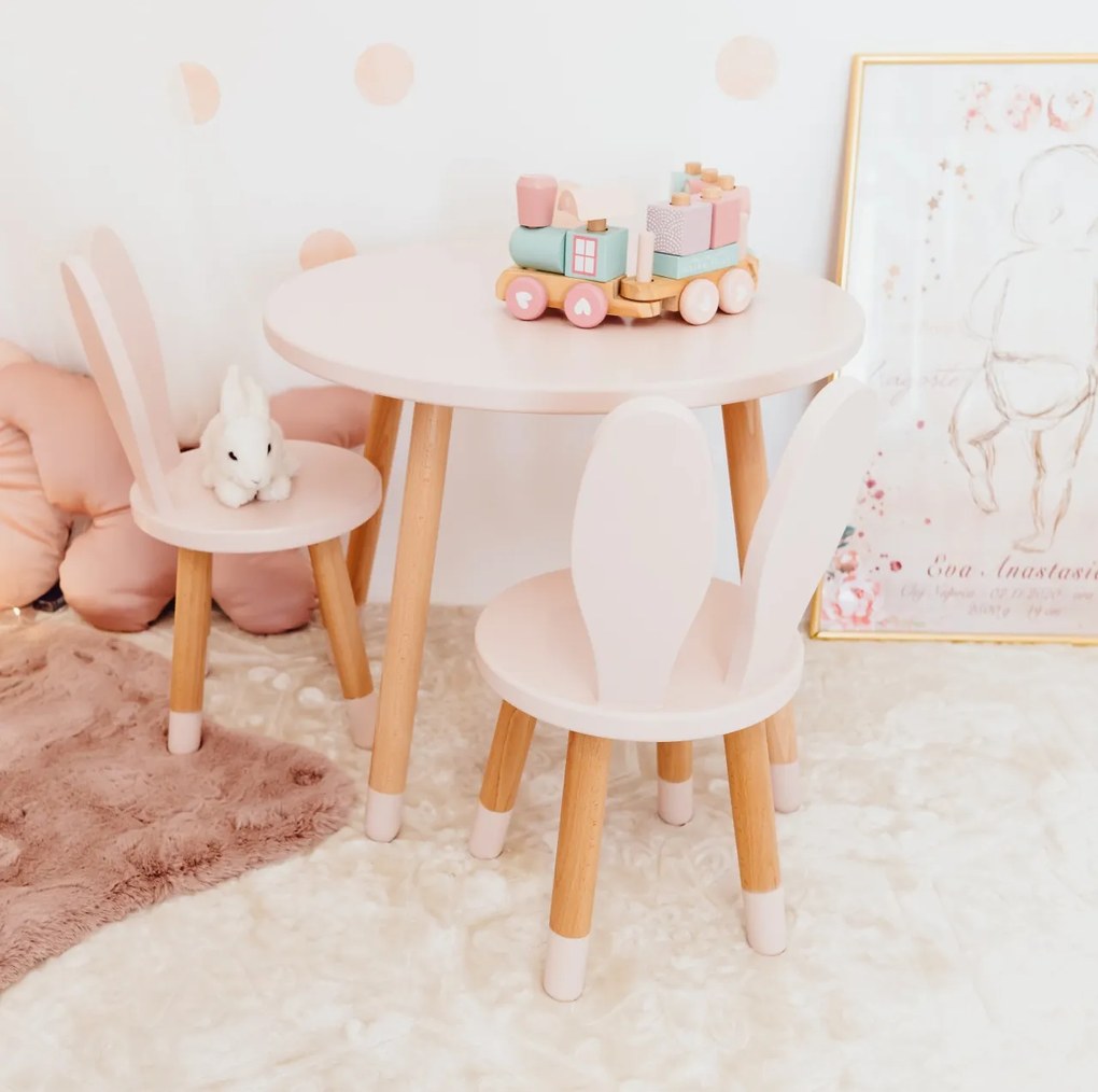 Set masuta rotunda roz si doua scaunele iepuras roz
