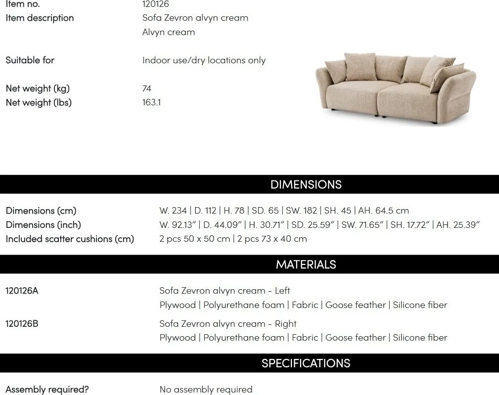 Canapea design LUX Zevron, Alvyn cream