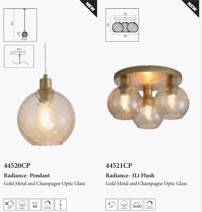 Plafoniera metal auriu, sticla champanie Radiance