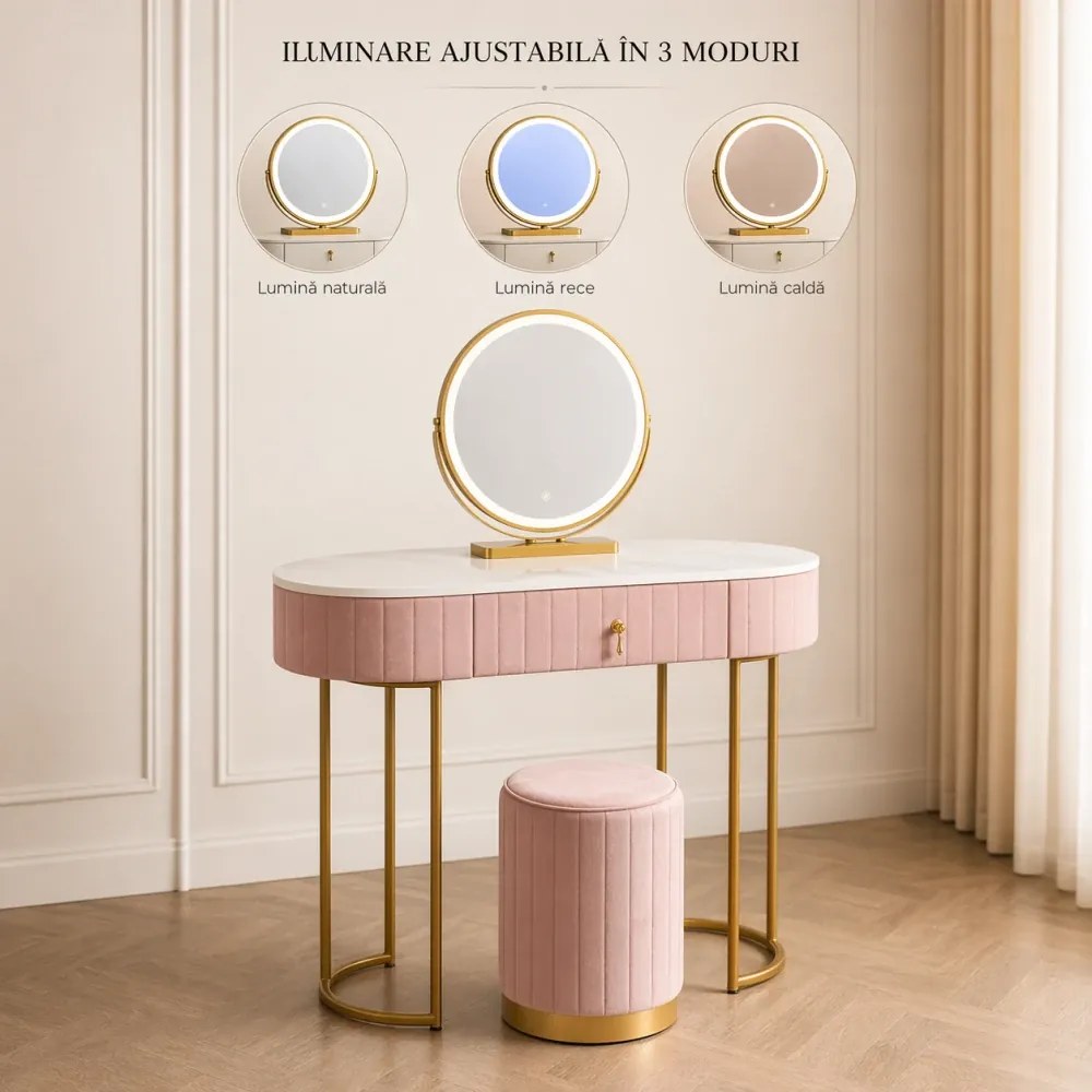 Set ASHLEY – Masă de Toaletă pentru Machiaj, Oglindă Iluminată LED, Control Touch, Sertar, Taburet, 100x40x76 cm, Roz/Auriu
