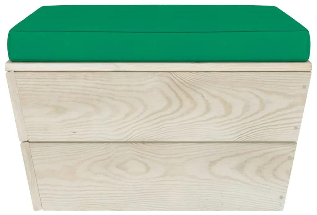 Set mobilier gradina din paleti cu perne, 6 piese, lemn molid Verde, colt + 2x mijloc + masa + 2x suport pentru picioare, 1