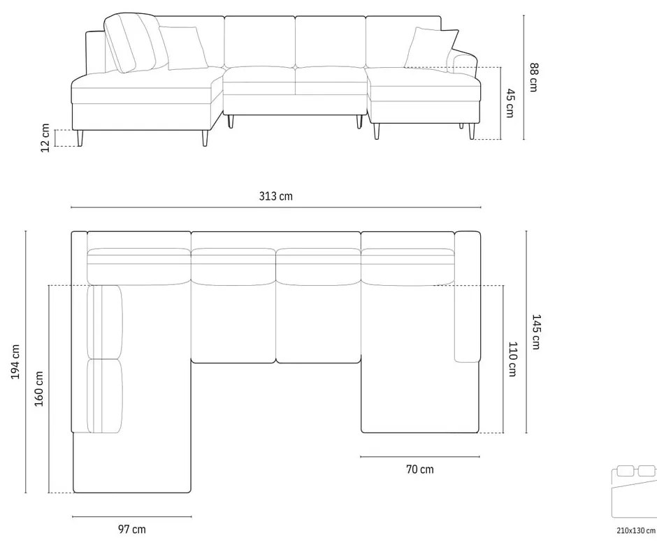 Colțar albastru deschis extensibil, cu spațiu de depozitare cu tapițerie din catifea (cu colț pe partea stângă-în formă de "U") Kyoto – Cosmopolitan Design