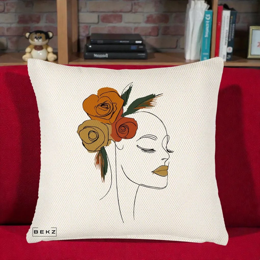 Perna Decorativa Portret Feminin Trandafiri Ruginii, 40x40 cm, Crem Reliefat, Husa Detasabila, Perna Inclusa, BEKZ®