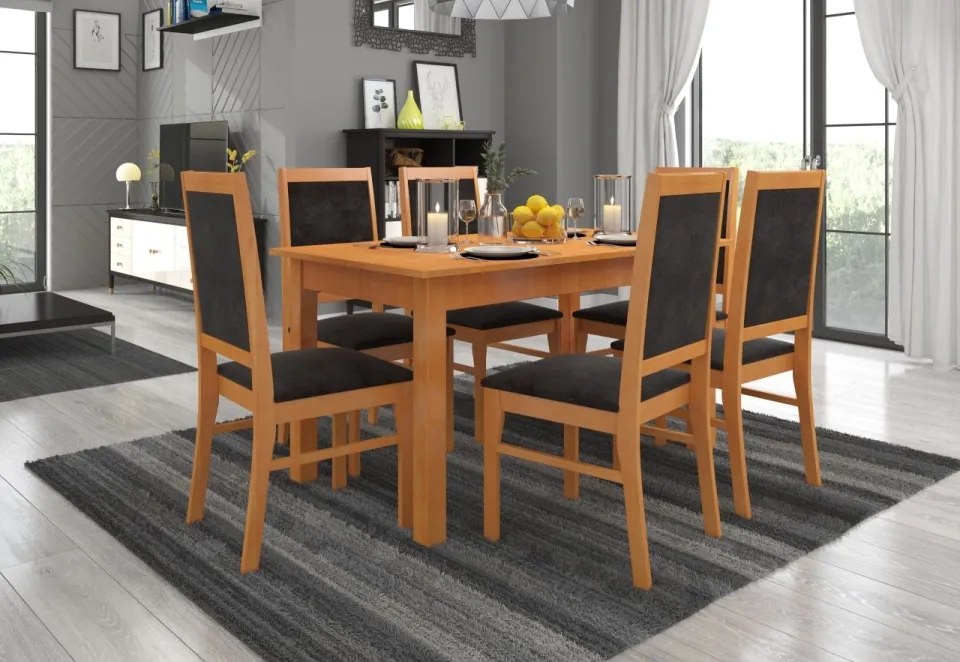 Set de masa extensibila si 6 scaune tapitate, RODOS 25, ADRK Furniture (Culoare: Nuc inchis)