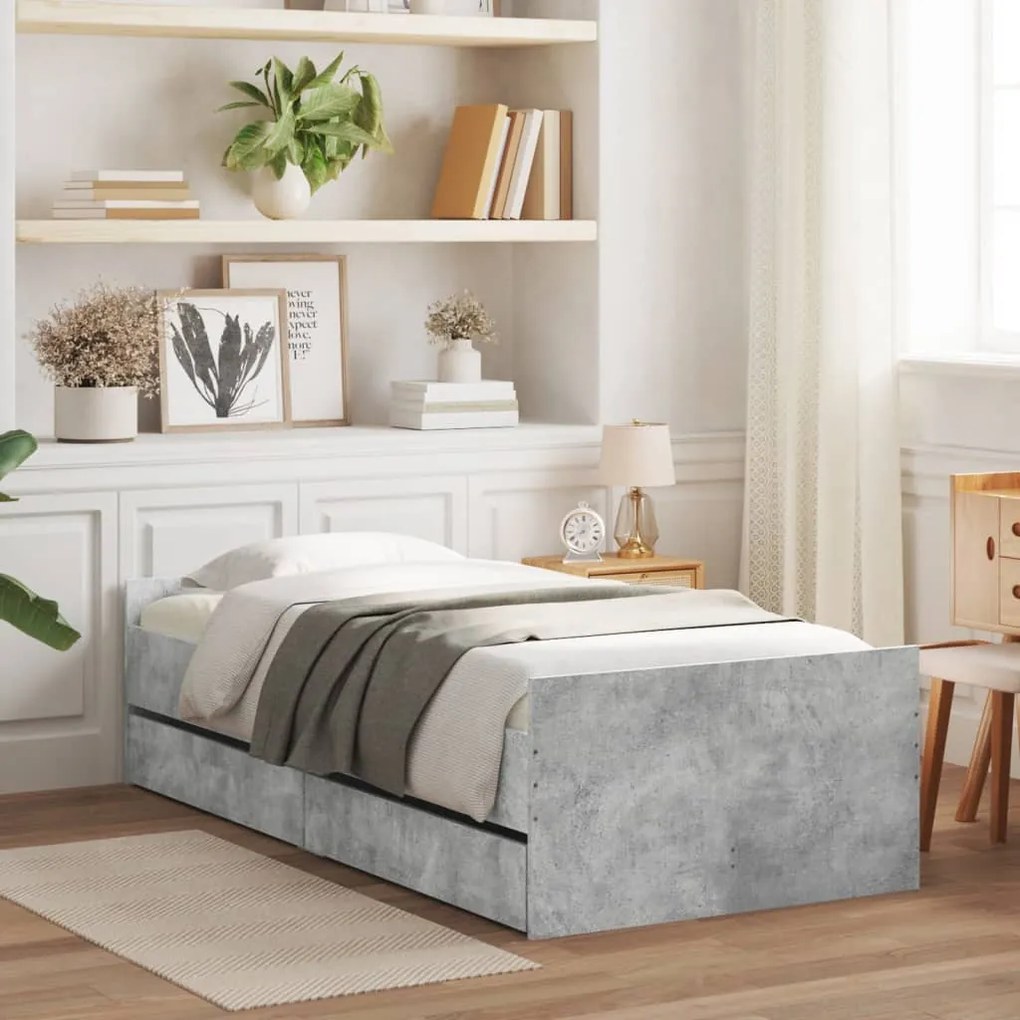 vidaXL Cadru de pat cu sertare, gri beton, 90x200 cm