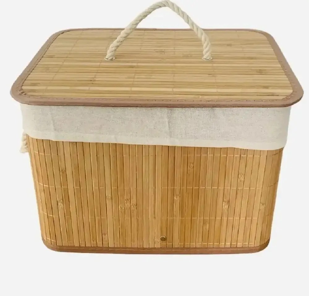 Coș de depozitare cu capac din bambus, elegant și practic, cu interior textil