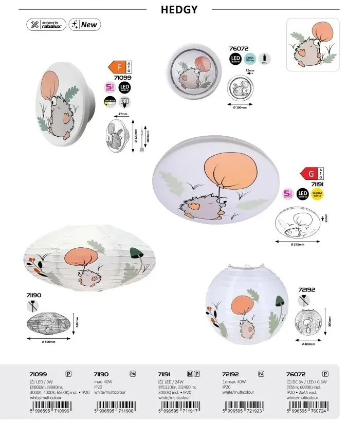 Aplica camera copii motiv arici si balon Hedgy LED