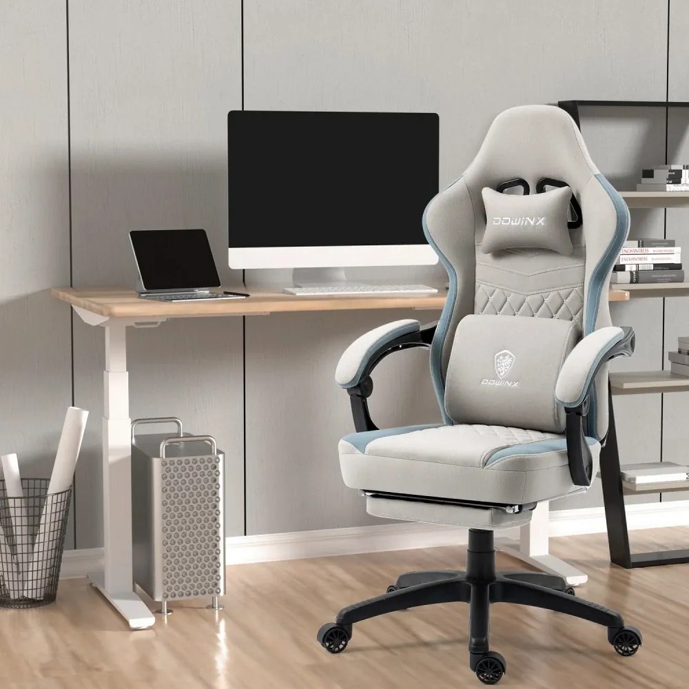 DOWINX Scaun gaming, ergonomic, suport lombar cu masaj, Șezut cu Arcuri Metalice și Spumă, Spătar înalt, rabatabil 90°-135°, Buzunar depozitare, Suport picioare, rezistent 150 kg, material respirabil, Gri