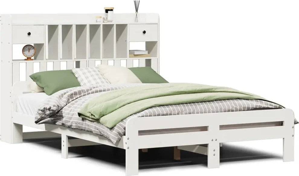 vidaXL Pat cu bibliotecă fără saltea, alb, 150x200 cm, lemn masiv pin