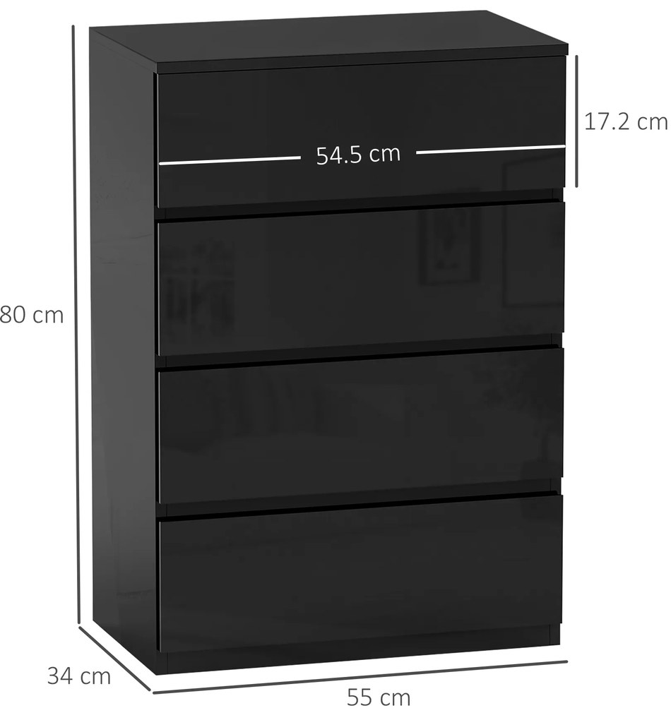 HOMCOM Comodă cu 4 sertare Comodă de stil modern pentru dormitor intrare living 55x34x80 cm Negru | Aosom Romania