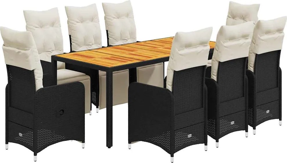 vidaXL Set bistro de grădină, 9 piese, cu perne, negru, poliratan