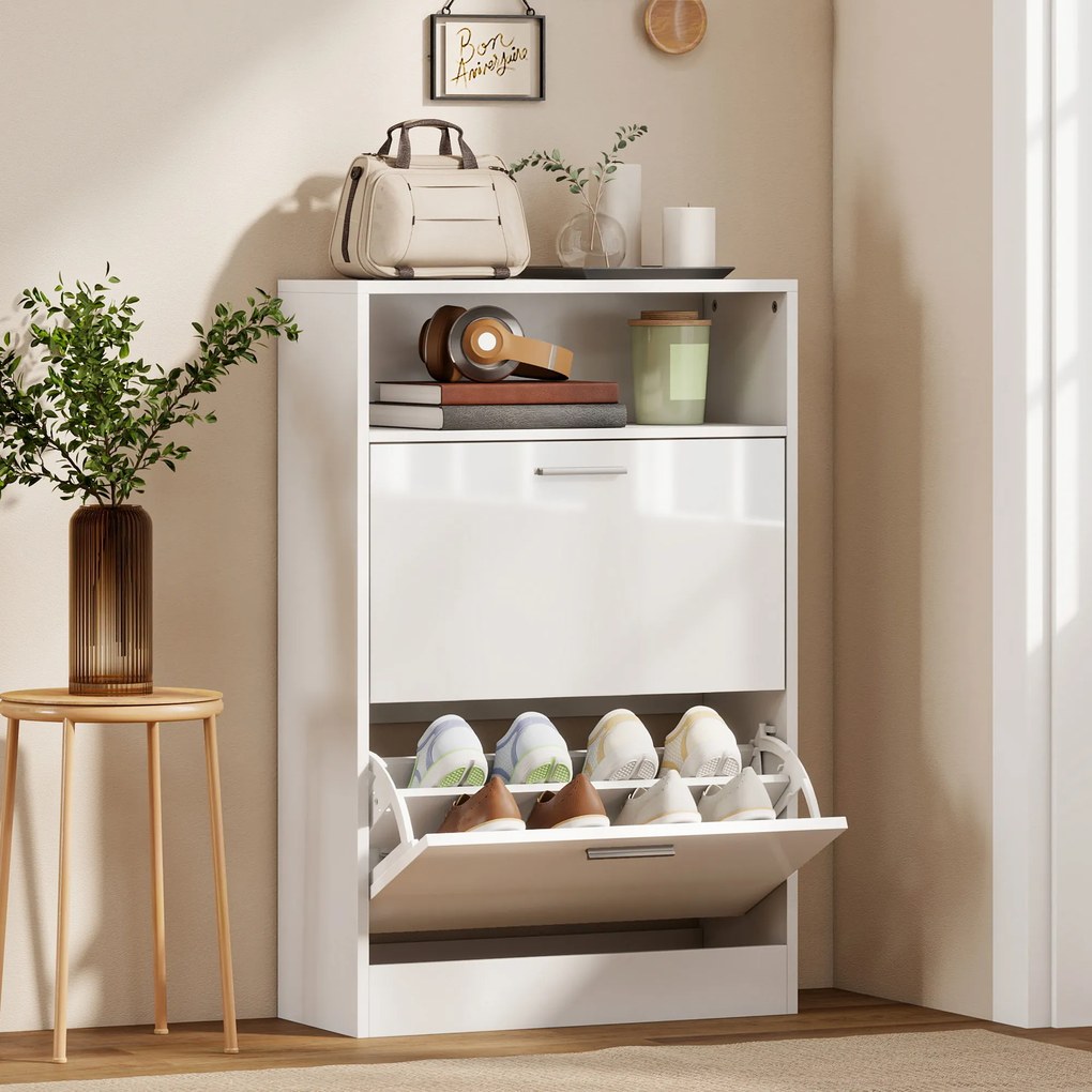 HOMCOM Dulap pentru încălțăminte 8 perechi, dulap, 2 sertare rabatabile, rafturi reglabile și compartiment, alb | Aosom Romania