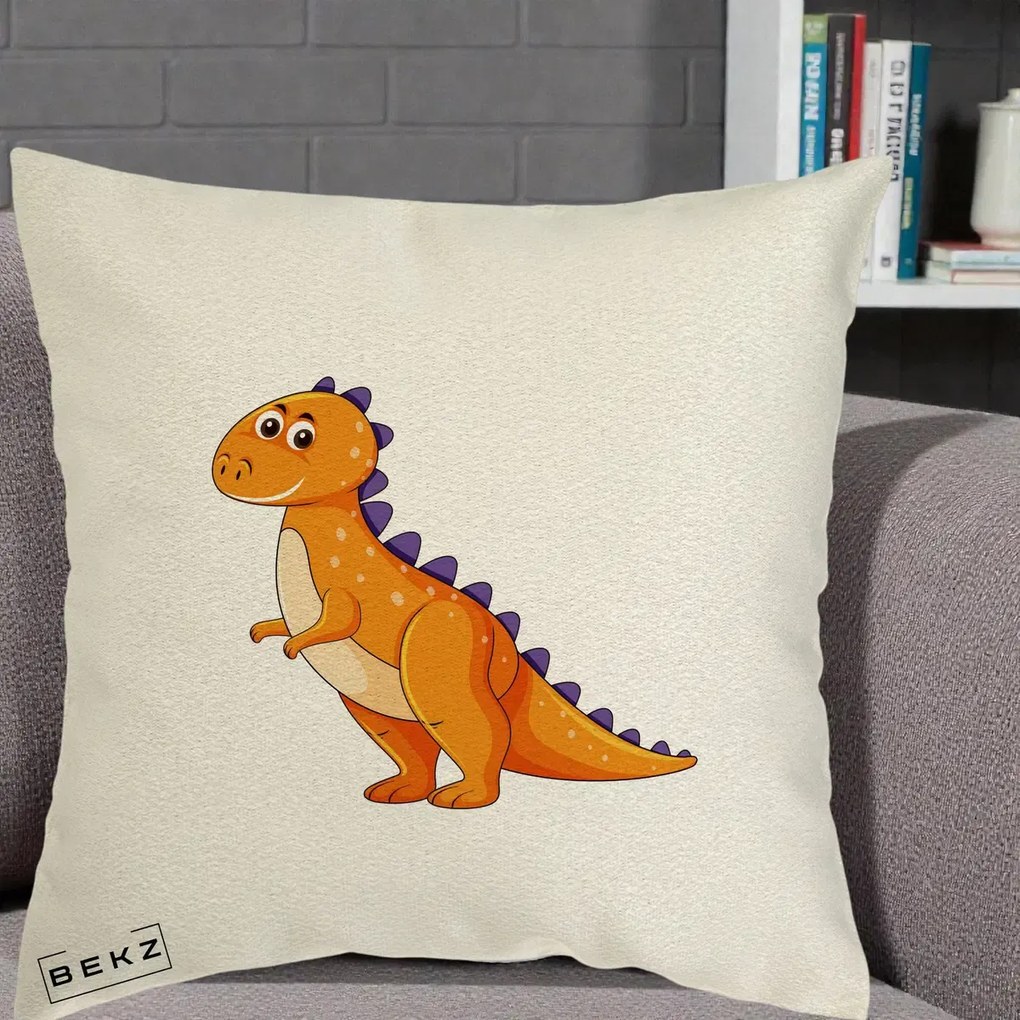 Perna Decorativa T-Rex Portocaliu, 40x40 cm, Ecru, Husa Detasabila, Perna Inclusa, BEKZ®
