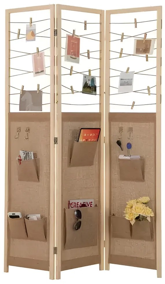 Paravan cu 3 panouri, 8 compartimente de depozitare și 4 cârlige – natur