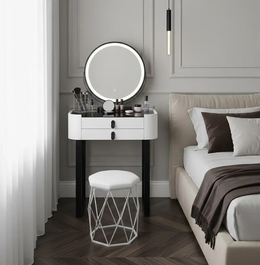 Set Bianca, Masă de toaletă pentru machiaj cu oglindă iluminată LED, control touch, taburet tapitat, 60x38x76 cm, Alb/Negru