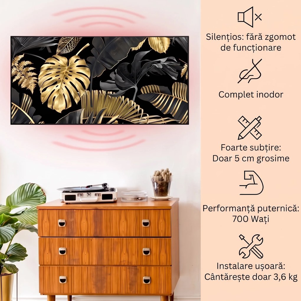Klarstein Wonderwall Air Art Smart, încălzitor cu infraroșu, frunză neagră, 120 x 60 cm, 700 W