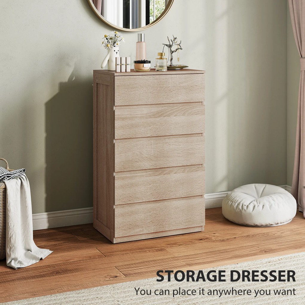 HOMCOM Comodă pentru Depozitare cu 5 Sertare, Comodă Înaltă, Comodă cu Ghidaje Metalice și Mânere Scanalate, Alb | Aosom Romania