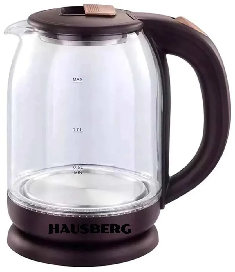 Fierbator apa, HAUSBERG HB-3616, putere 1500 W, capacitate 1.8 L, oprire automata, vas din sticla, suport rotativ, Maro