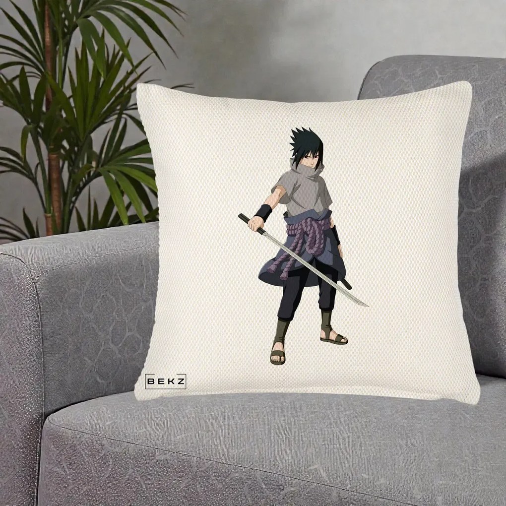 Perna Personalizata Naruto Sasuke Uchiha cu Sabia, 40x40 cm, Crem Reliefat, Husa Detasabila, Perna Inclusa, BEKZ®