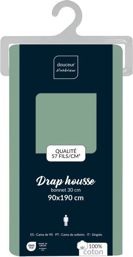 Cearceaf verde din bumbac cu elastic 90x190 cm Lina – douceur d'intérieur