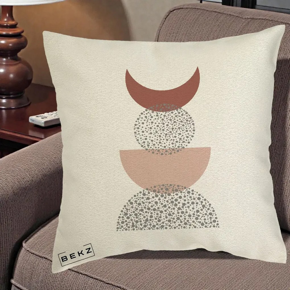 Perna Decorativa Boho Luna Plina si Forme Punctate, 40x40 cm, Ecru, Husa Detasabila, Perna Inclusa, BEKZ®