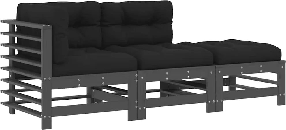 vidaXL Set mobilier de grădină cu perne, 3 piese, gri, lemn masiv