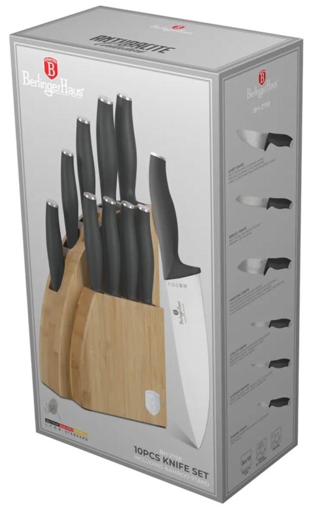 RESIGILAT - Set cutite 10 piese Antracite Berlinger Haus BH 2758, stativ lemn, gri