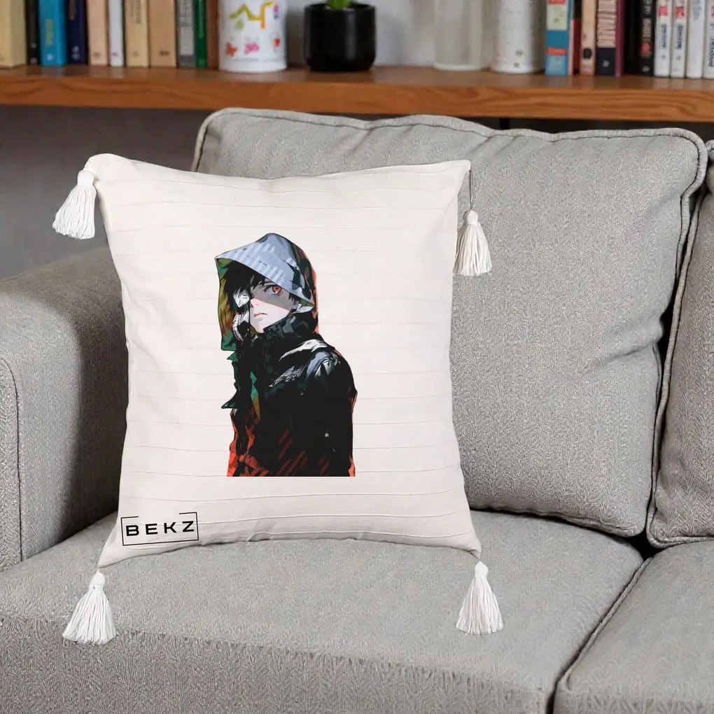 Perna Personalizata Tokyo Ghoul Ken Kaneki cu Masca si Gluga, 40x40 cm, Bej cu Franjuri, Husa Detasabila, Perna Inclusa, BEKZ®