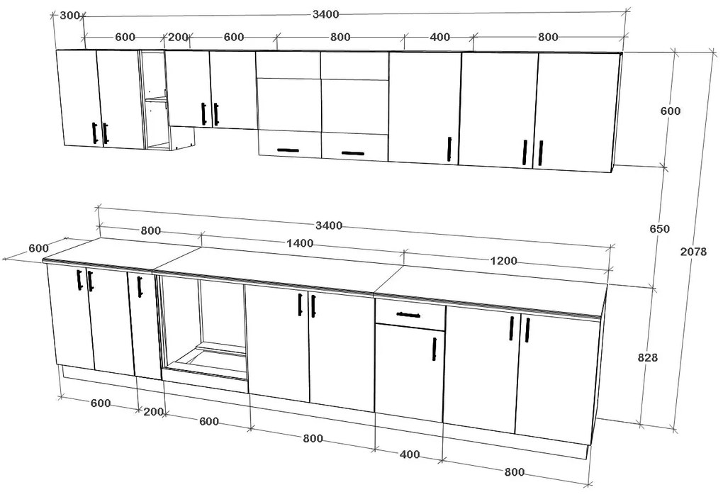 Set Bucatarie Karo V32, Gri Lucios/Alb, MDF, Blat Thermo 28 mm, L 340 cm