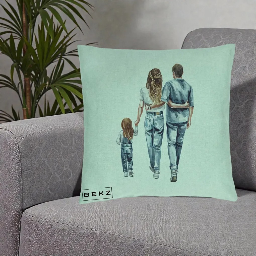 Cadou pentru Familie - Perna Personalizata Familie Acuarela Jeans, 40x40 cm, Verde Menta, Husa Detasabila, Perna Inclusa, BEKZ®