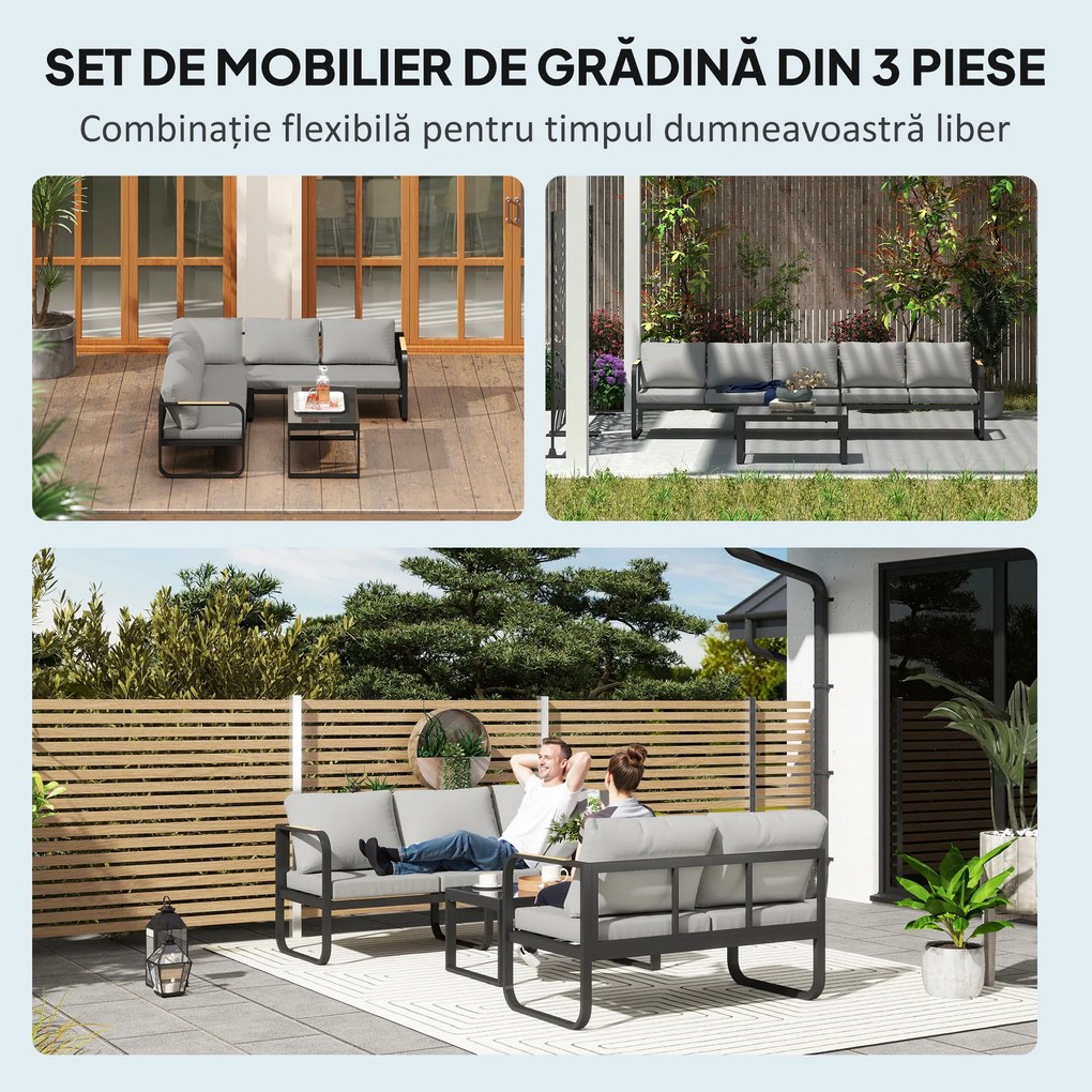Outsunny Set Mobilier de Grădină cu Canapea cu 3 Locuri, Canapea cu 2 Locuri și Măsuță de Cafea, 180x60x64 cm, Gri | Aosom Romania