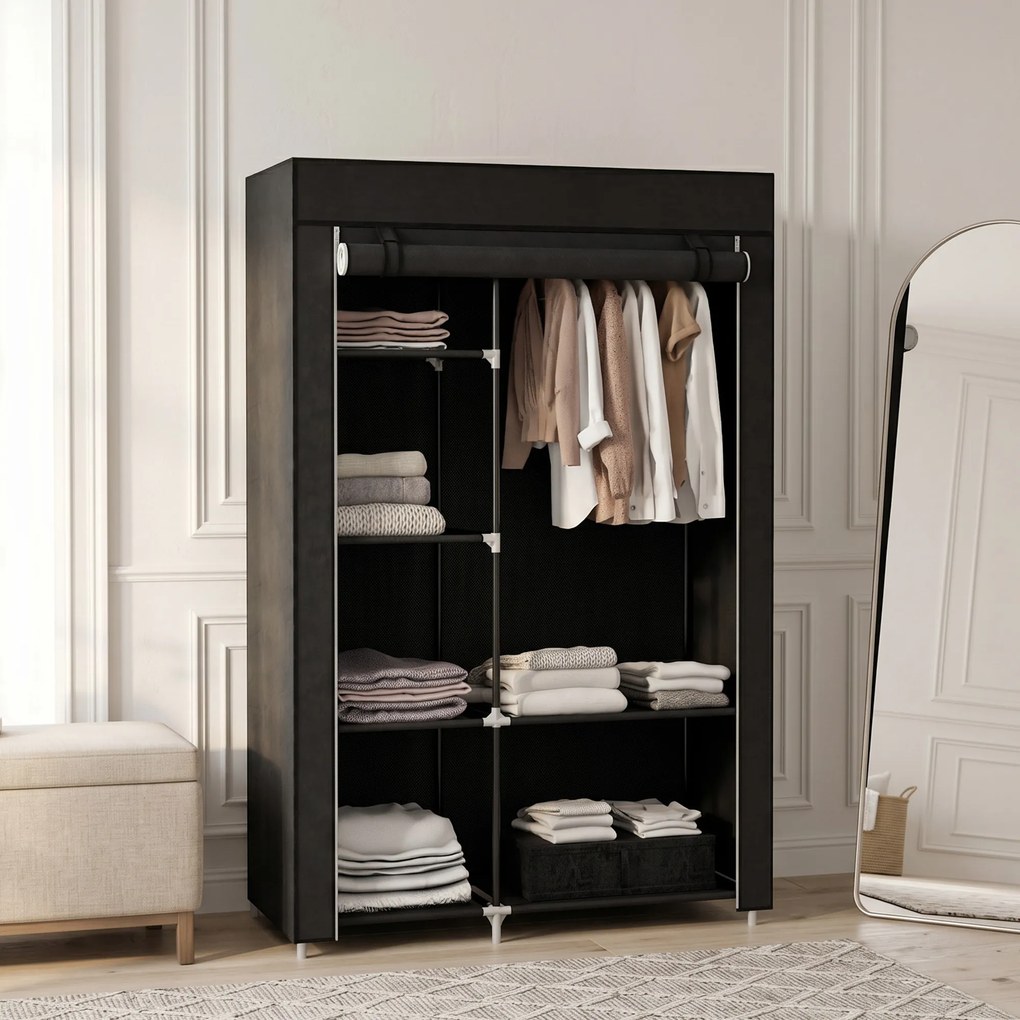 HOMCOM Dulap Portabil din Material, Dulap cu 6 Rafturi Deschise, 1 Bară și Ușă cu Fermoar, 103x43x162,5 cm, Negru | Aosom Romania