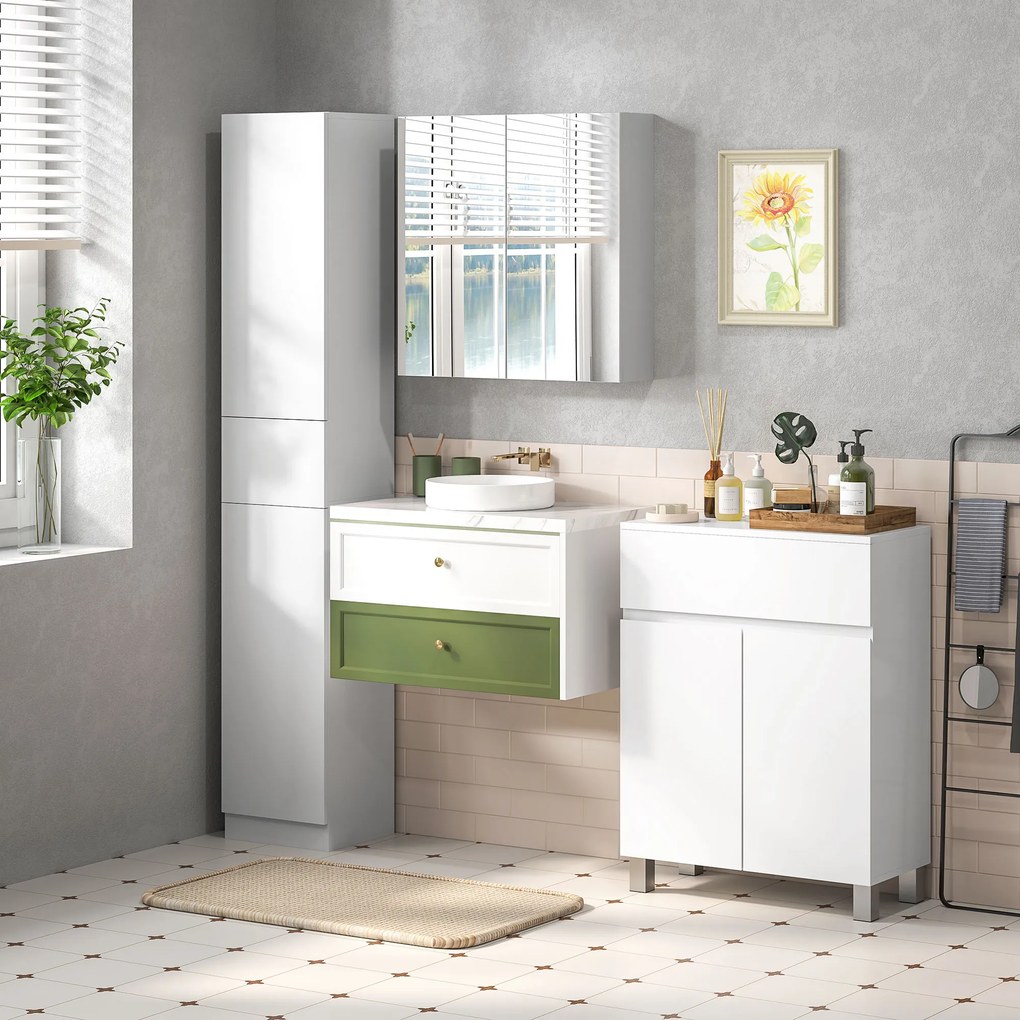 kleankin Dulap de Baie cu Oglindă, 2 Uși Soft Close, 60x15x60 cm, Rafturi Ajustabile, Dulap Suspendat cu Economisire de Spațiu, Alb Lucios | Aosom Romania