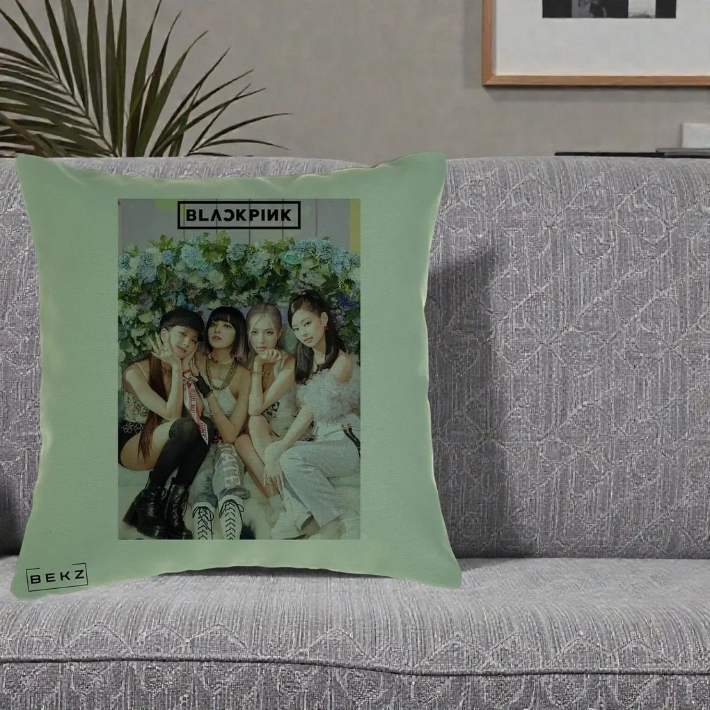 Perna Personalizata K-pop BLACKPINK Foto Grup, 40x40 cm, Verde, Husa Detasabila, Perna Inclusa, BEKZ®