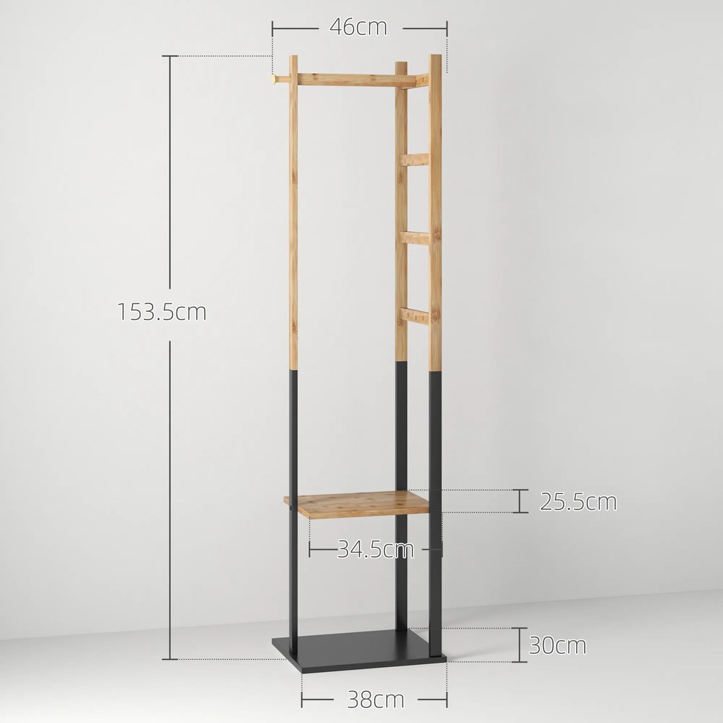 HOMCOM Cuier de Podea Autoportant cu Bară Centrală, 4 Bare Laterale, 2 Cârlige și 2 Rafturi, 46x28,5x153,5 cm, Negru | Aosom Romania