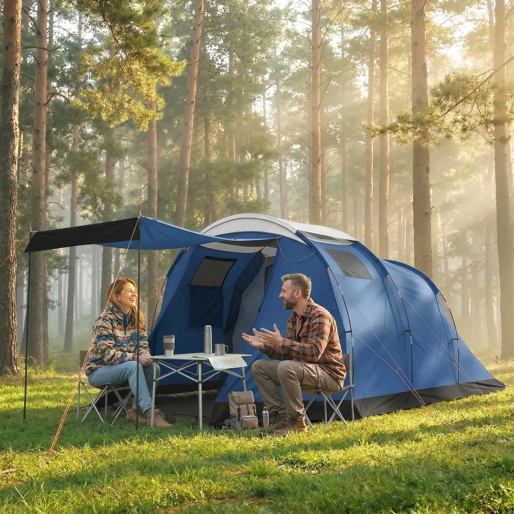 Outsunny Cort de camping tunel pentru 4 persoane impermeabil 3000mm dublu strat anti-condensație înălțime 190cm Albastru închis | Aosom Romania