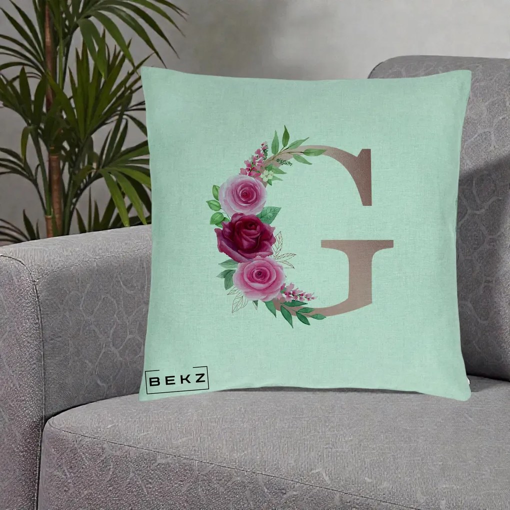 Cadou Personalizat - Perna Personalizata Monograma Rose Gold Litera G, 40x40 cm, Verde Menta, Husa Detasabila, Perna Inclusa, BEKZ®