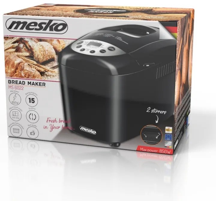 Masina de facut paine Mesko MS 6022, 1/1.5 kg, 850 W, 15 programe, Afisaj LCD, Agitator dublu, Cos mobil, Negru