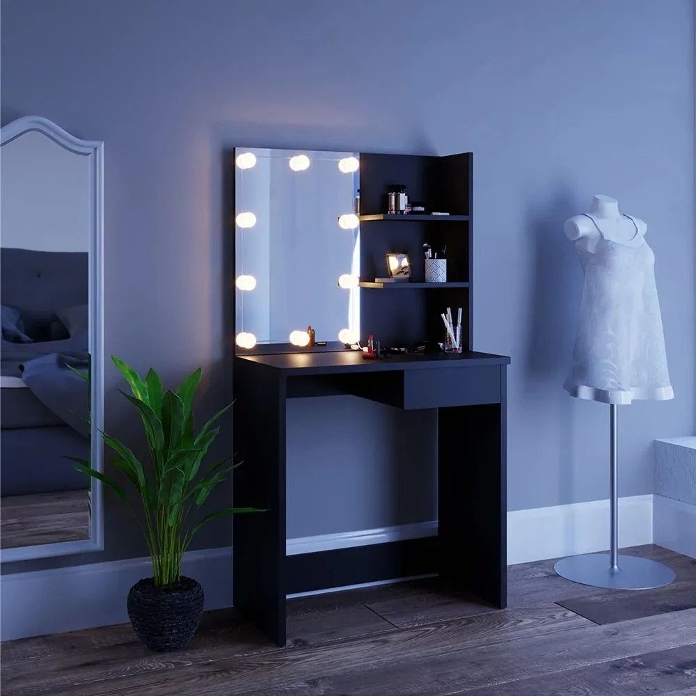 Masuta machiaj cu Oglinda LED si 1 Sertar pentru Cosmetice, Set Masa toaleta 75 cm, Negru, masuta cosmetica, vanity - SEN224