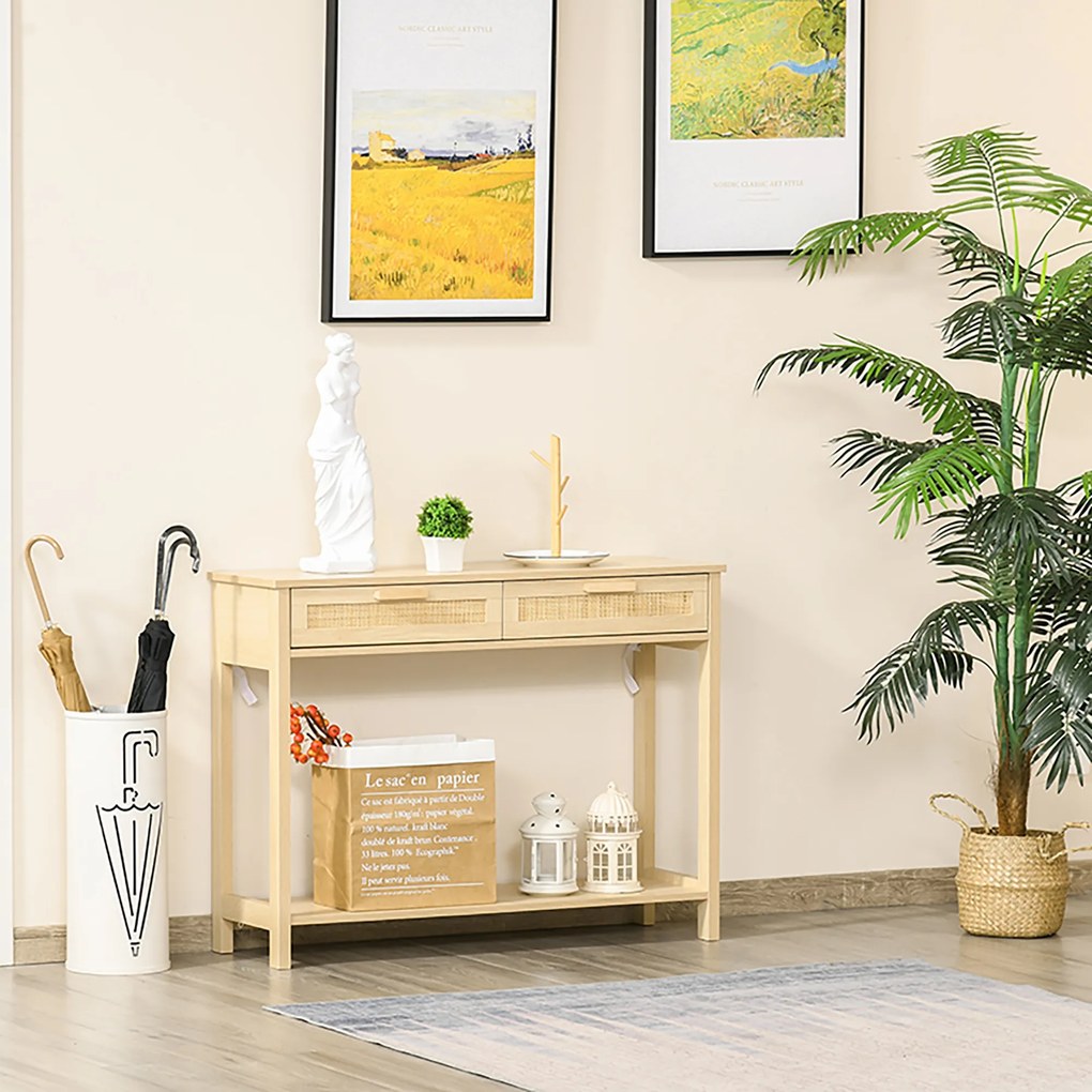 HOMCOM Consola din lemn pentru intrare, sufragerie, salon, cu 2 Sertare, Stil Shabby Chic Culoare Lemn, 100x30x76cm